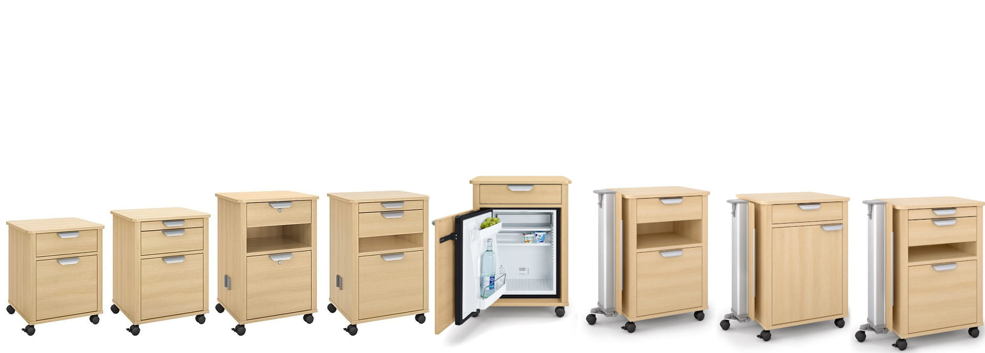 De nachtkastjesserie vitalia overtuigt door decoratieve details zoals het afgeronde bovenblad, het hoogwaardige brede zij-element en ergonomisch gevormde aluminium grepen. 